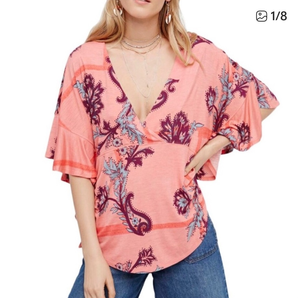 Free People Maui Wowi Floral Coral Flowy Blouse - Picture 2 of 9
